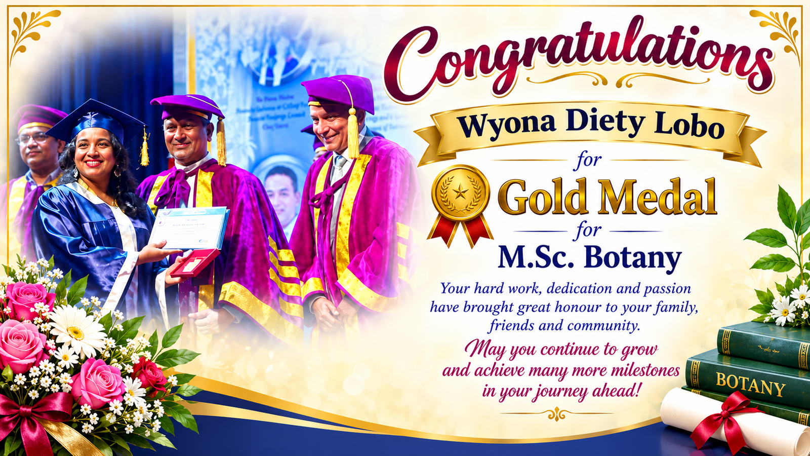 Wyona Diety Lobo of Moodubelle Receives Gold Medal for M.Sc. Botany